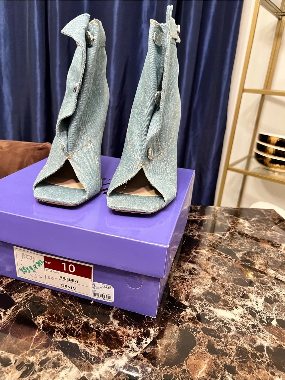 Denim Peep-Toe Stiletto Booties - Denim